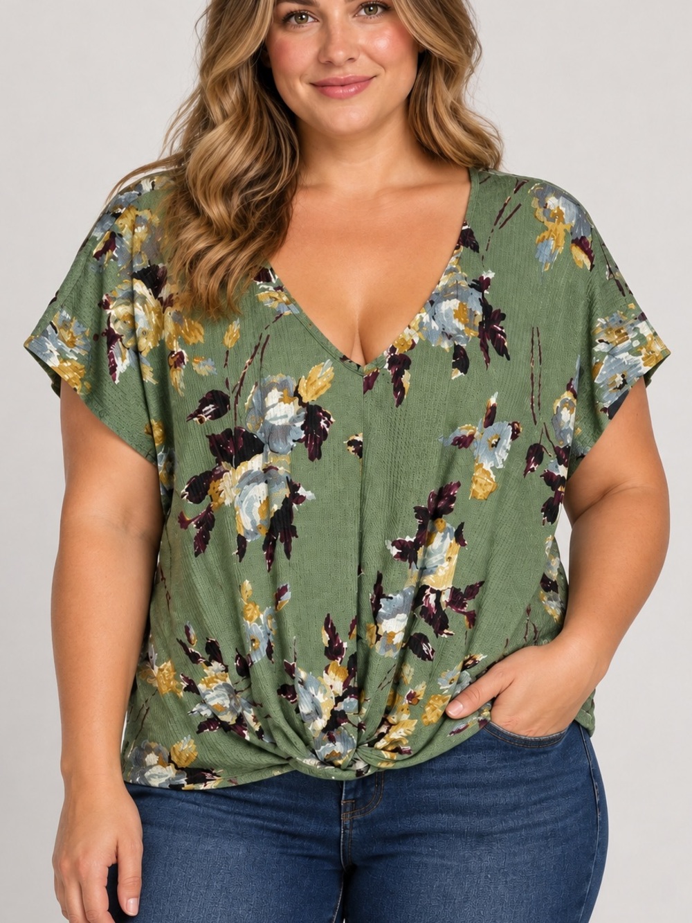 Fantastic Fawn Top Womens L Green Floral Waffle Knit Twist Front Made USA